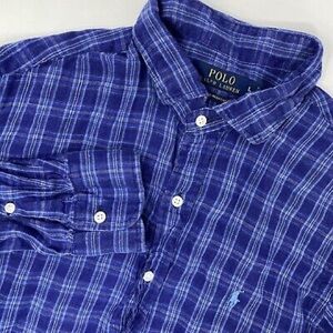 Polo by Ralph Lauren blue plaid ocean wash 100% linen shirt size x-large